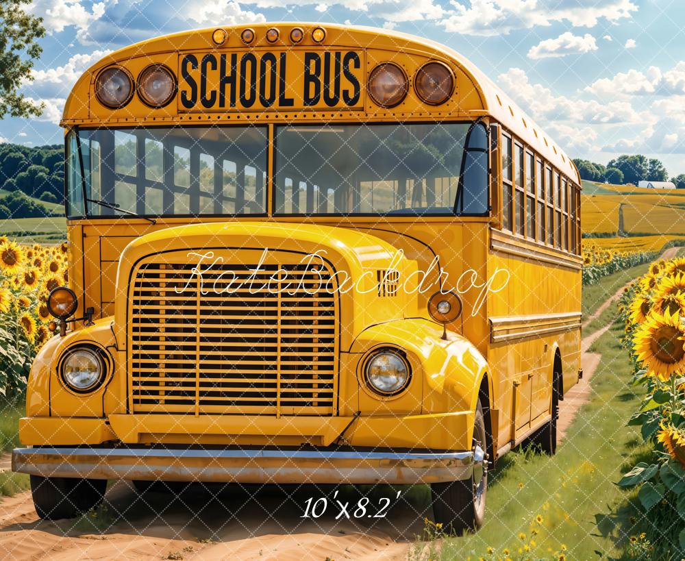 Kate Back to School Fall Yellow School Bus Sunflower Field Backdrop Designed by Emetselch