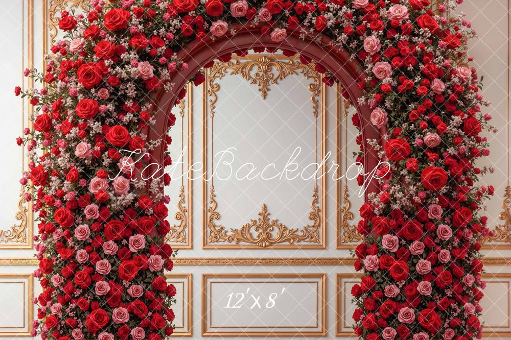 Kate Valentines Flower Arch Red Roses Gold Ornate Wall Backdrop Designed by Mini MakeBelieve