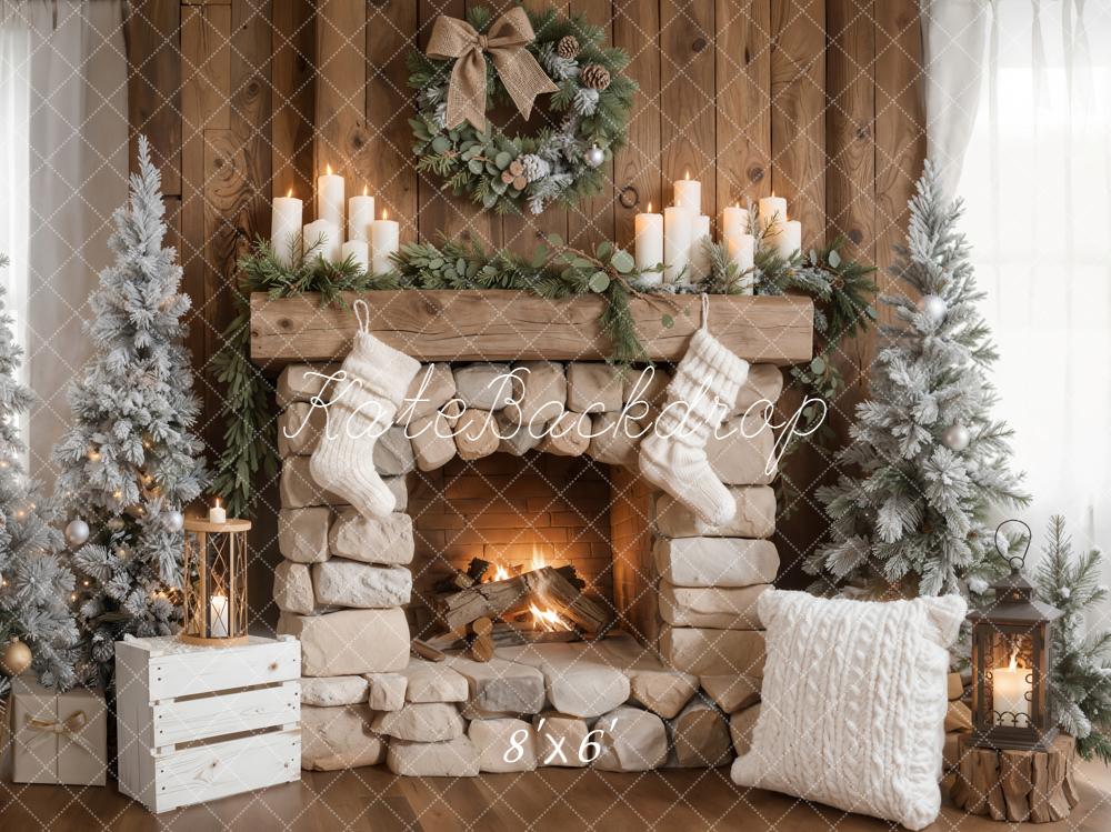 Kate Christmas Fireplace Wreath Stockings Trees Backdrop Designed by Emetselch