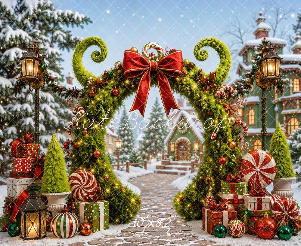 Kate Christmas Fantasy Green Arch Village Peppermint Candy Lane Printed Backdrop Designed by Chain Photography