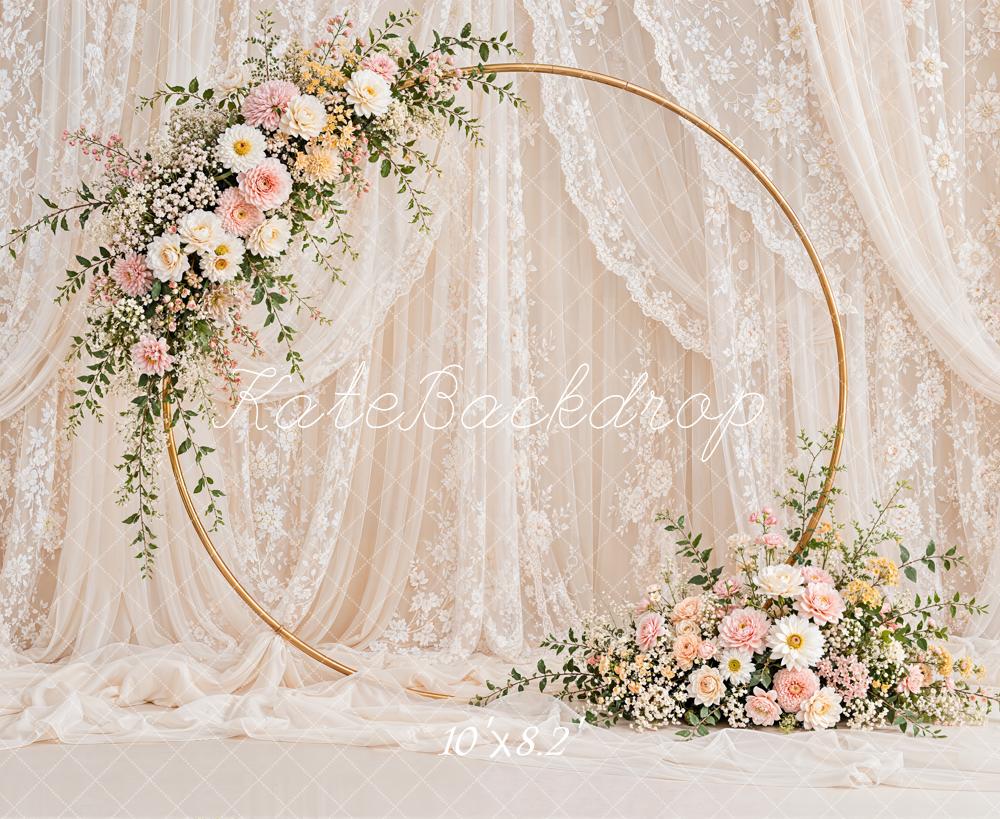 Kate Romantic Wedding Floral Hoop Lace Drapery Printed Backdrop Designed by Emetselch