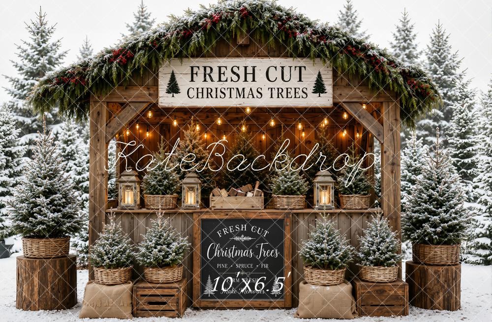 Kate Christmas Trees Wooden Booth Snowy Printed Backdrop Designed by Emetselch