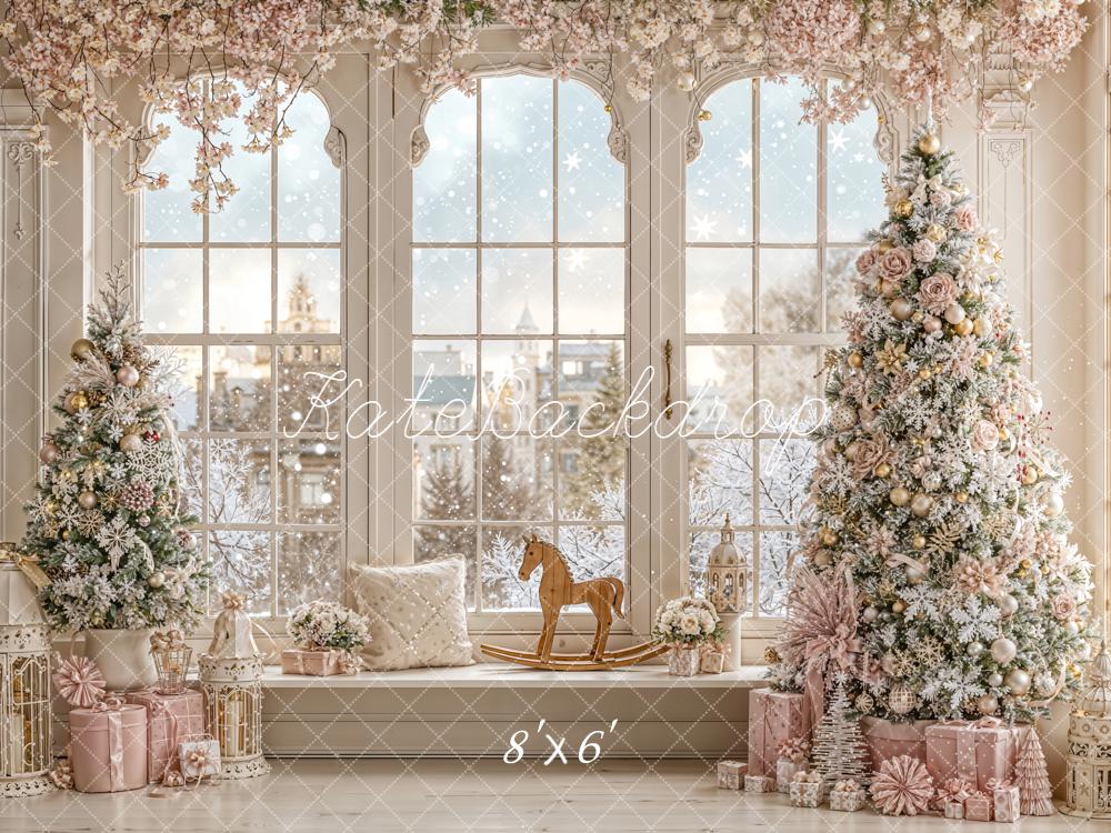 Kate Christmas Frosted Tree Pink Gifts Window Rocking Horse Backdrop Designed by Emetselch