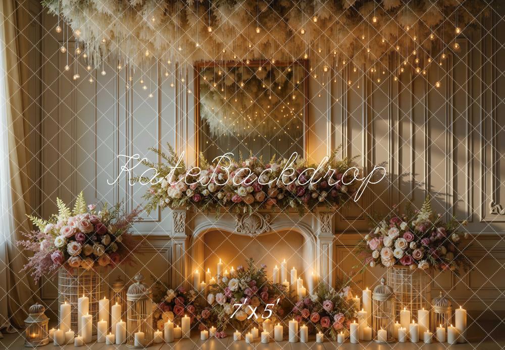 Kate Floral Fireplace Candles Mirror Hanging Lights Printed Backdrop Designed by Mini MakeBelieve
