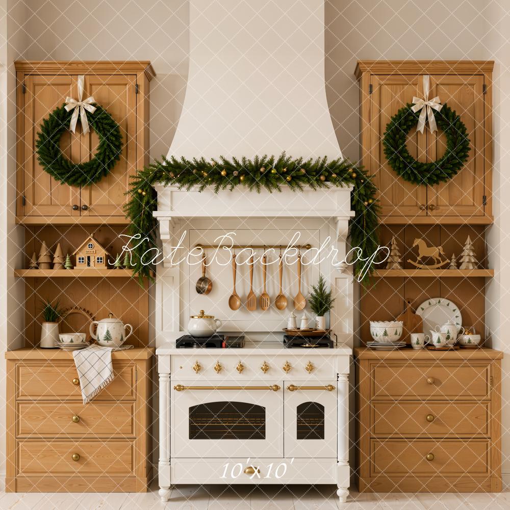 Kate Christmas Kitchen Garland Wreath Wood Cabinets Curtains Printed Backdrop Designed by Emetselch