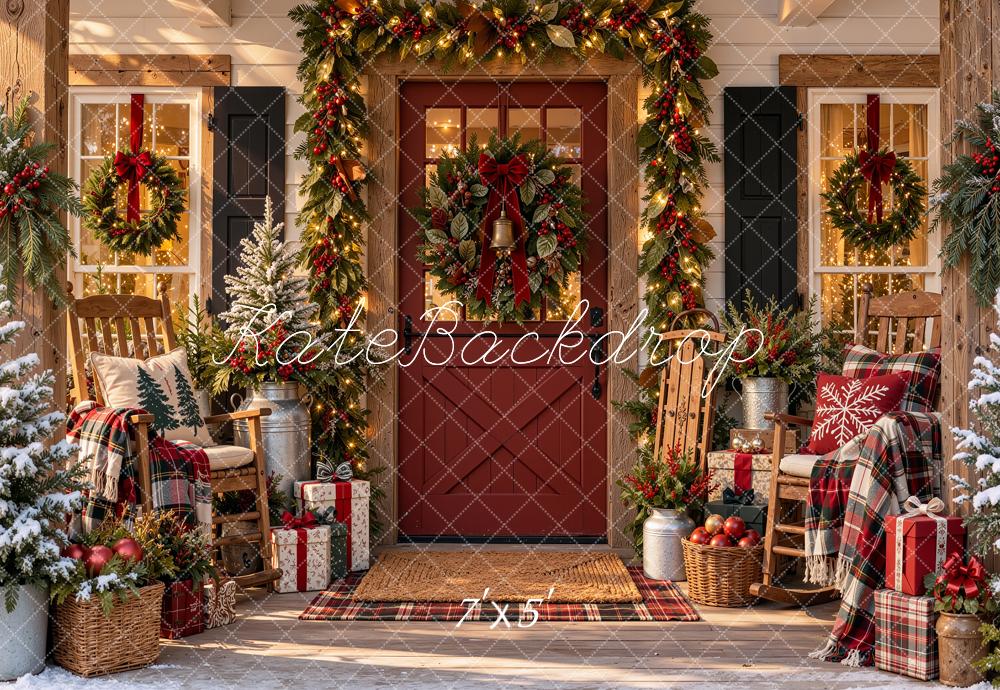 Kate Christmas Porch Garland Wreath Chair Plaid Rustic Printed Backdrop Designed by Shutter Swan Studios