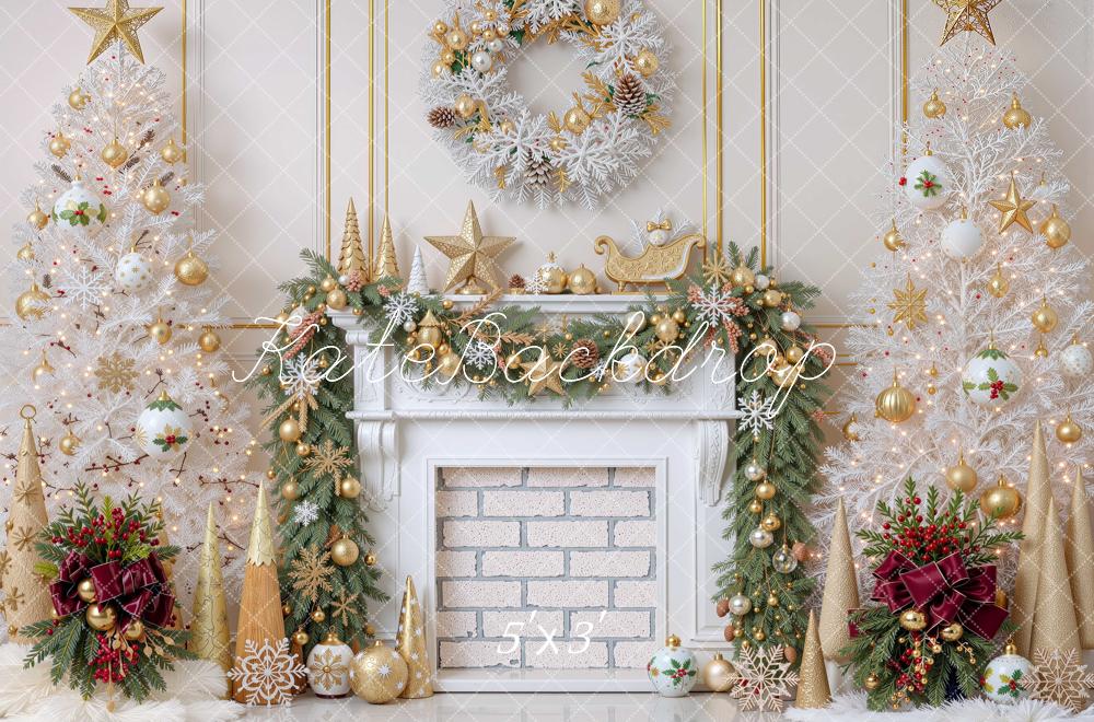 Kate Christmas White Trees Gold Fireplace Wreath Printed Backdrop Designed by Mini MakeBelieve