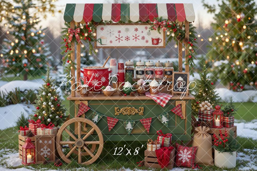 Kate Christmas Hot Cocoa Stand Gifts Trees Snow Outdoor Printed Backdrop Designed by Mini MakeBelieve