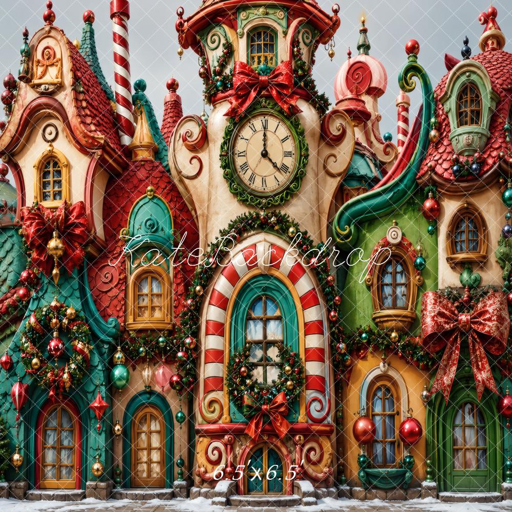 Kate Christmas Whimsical Candy House Clocktower Printed Backdrop Designed by Vertigo Productions