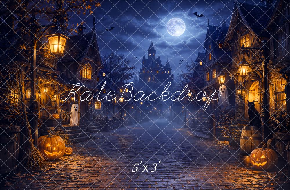 Kate Halloween Night Blue Moonlit Haunted Village Jack-O-Lanterns Printed Backdrop Designed by Chain Photography