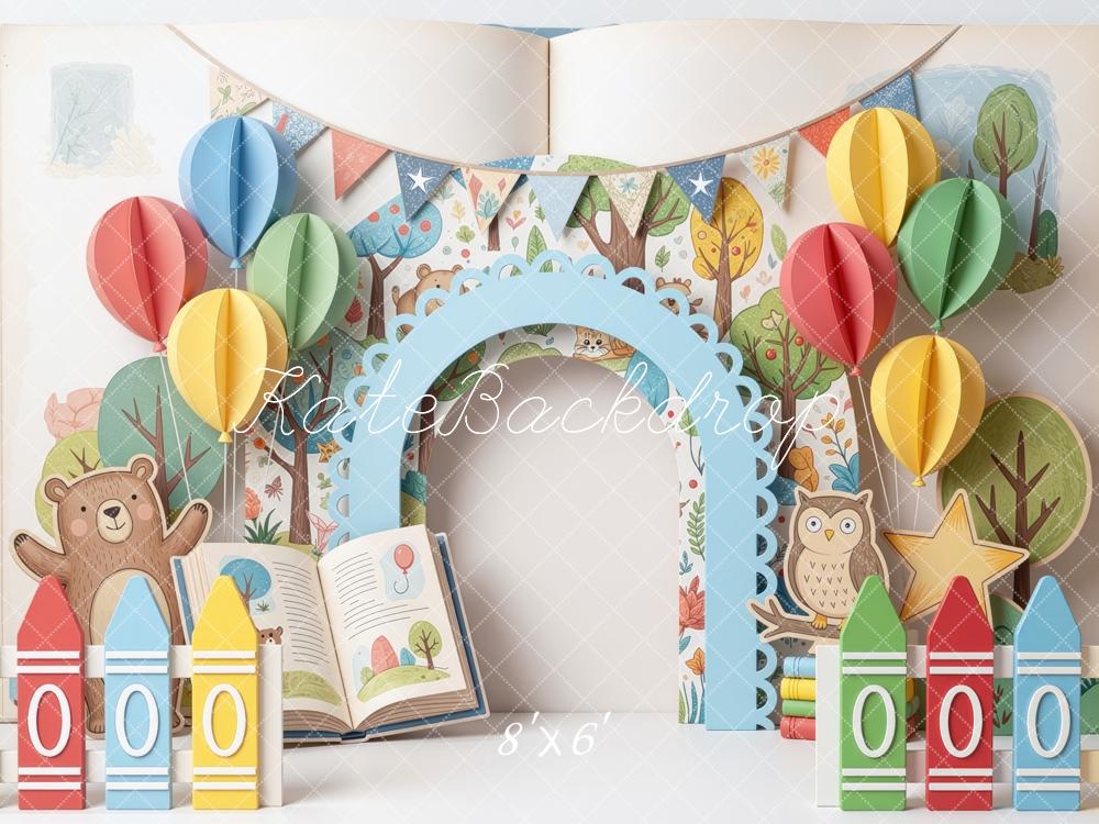 Kate Back to School Crayon Paper Balloons Arch Animals Storybook Printed Backdrop Designed by Mini MakeBelieve