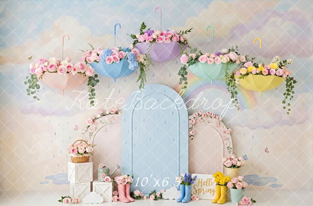 Kate Spring Floral Umbrellas Arched Door Rain Boots Printed Backdrop Designed by Patty Roberts