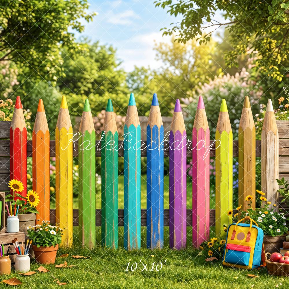 Kate Back To School Colorful Pencil Fence Garden Printed Backdrop Designed by Patty Roberts