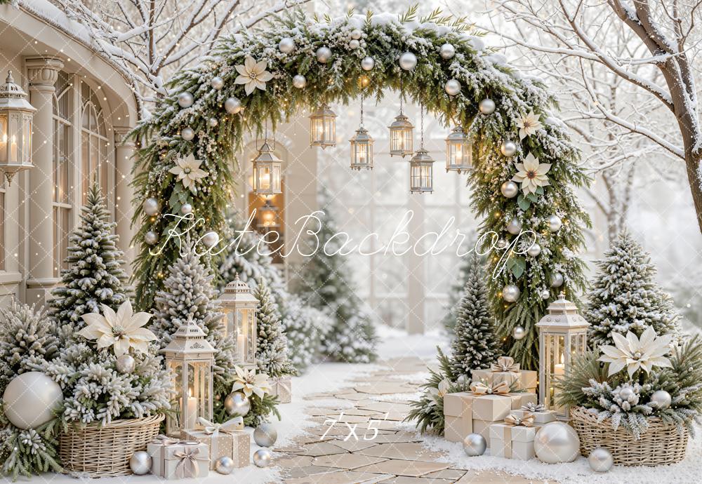 Kate Christmas Floral Pine Arch Lanterns Snowy Outdoor Printed Backdrop Designed by Emetselch
