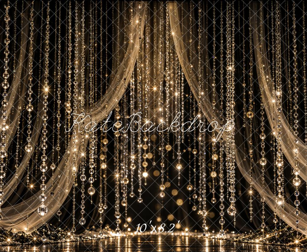 Kate Celebration Black Gold Crystal Bead Curtain Drapery Printed Backdrop Designed by Emetselch