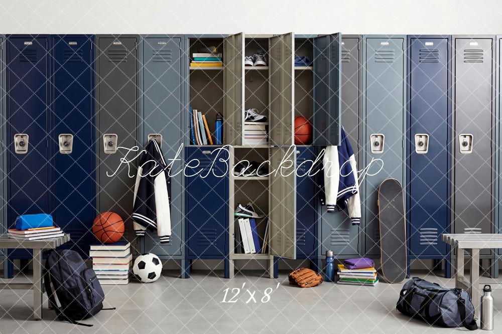 Kate Hign Teen Locker Room Sports Equipment Blue Printed Backdrop Designed by Patty Roberts