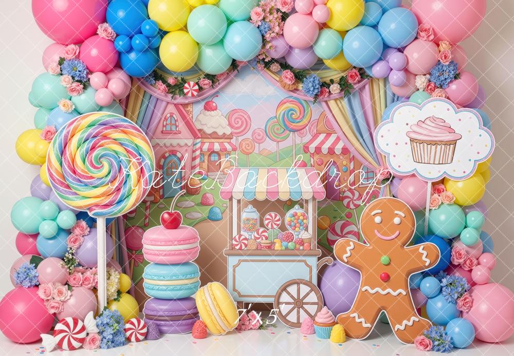 Kate Christmas Sweets Candyland Gingerbread Balloon Lollipop Macaron Printed Backdrop Designed by Mini MakeBelieve