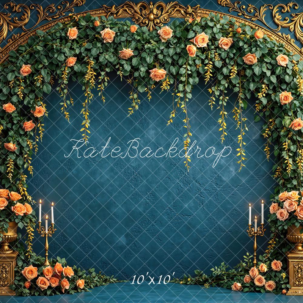 Kate Spring Flower Arch Gold Ornate Blue Floral Roses Printed Backdrop Designed by Mini MakeBelieve