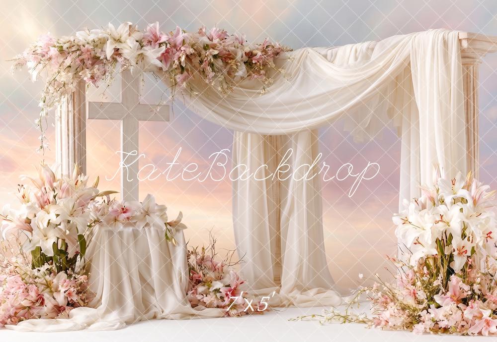 Kate Church Stage Cross Lillies Wedding Flower Arch Draped Columns Printed Backdrop Designed by Angela Miller