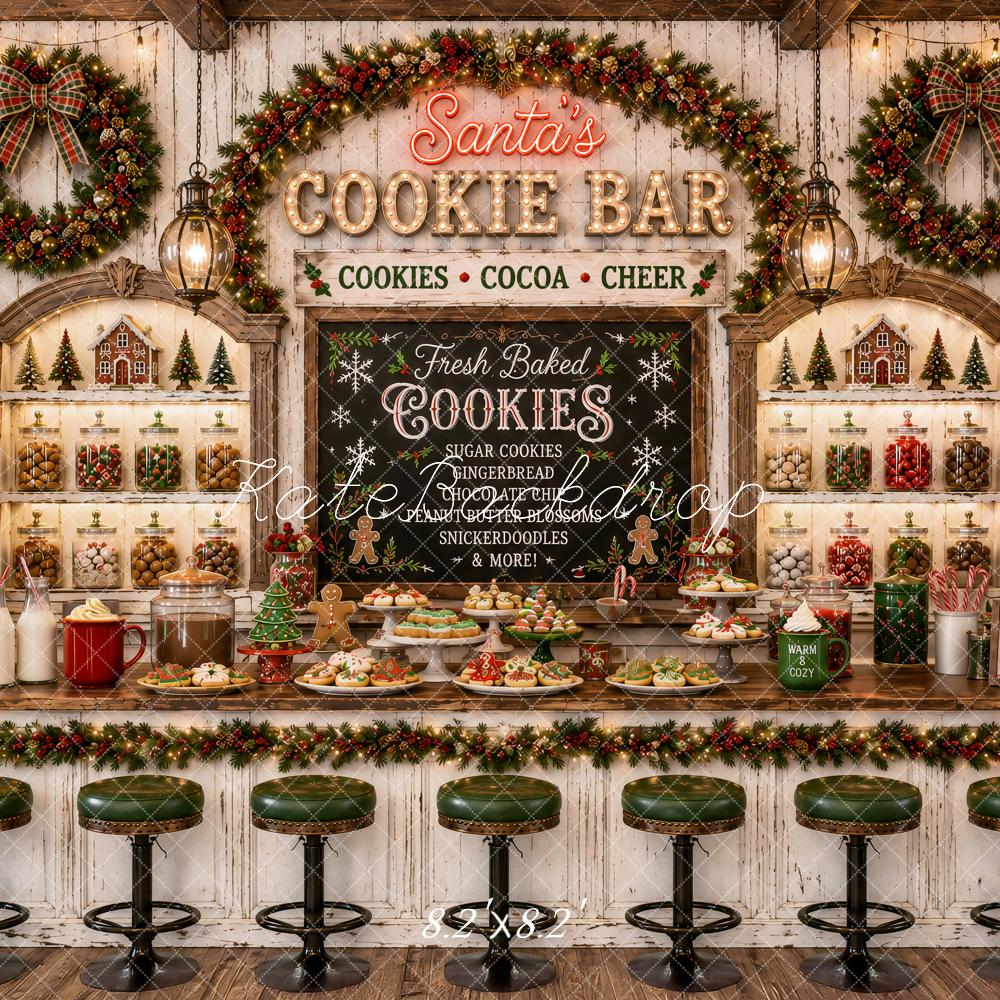 Kate Christmas Cookie Bar Stools Wreaths Rustic Printed Backdrop Designed by Ashley Paul