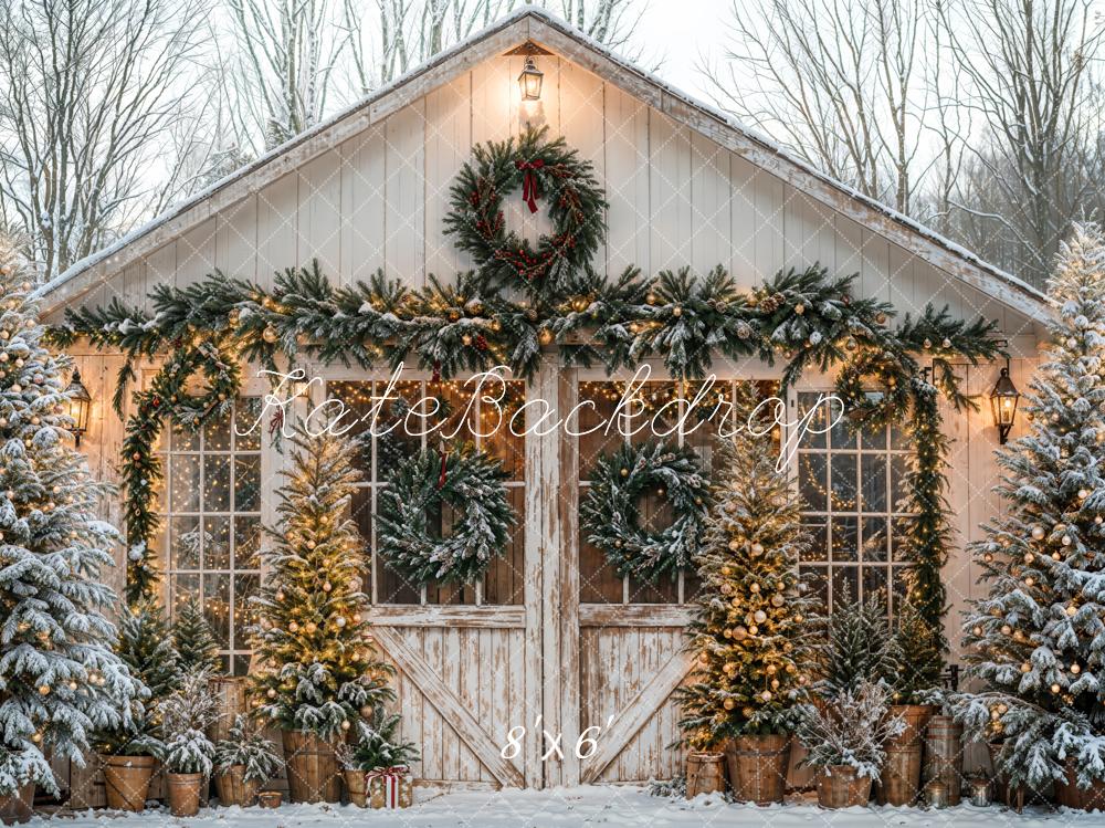 Kerst Rustic Cabin Snowy Trees Foto Achtergrond Designed by Emetselch