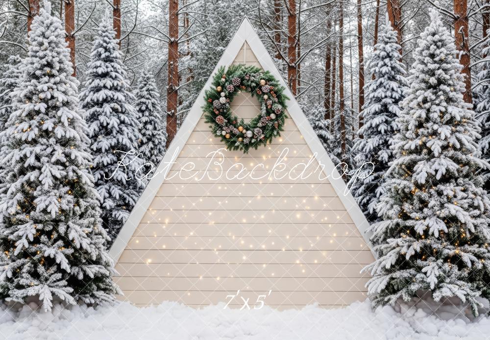 Kate Christmas Snowy Cabin Pine Trees Wreath Backdrop Designed by Patty Roberts