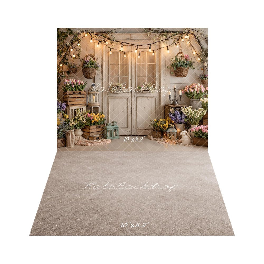 Kate Spring Flower Crates Rustic Door String Lights Printed Backdrop+Beige Floor Printed Backdrop Printed Backdrop