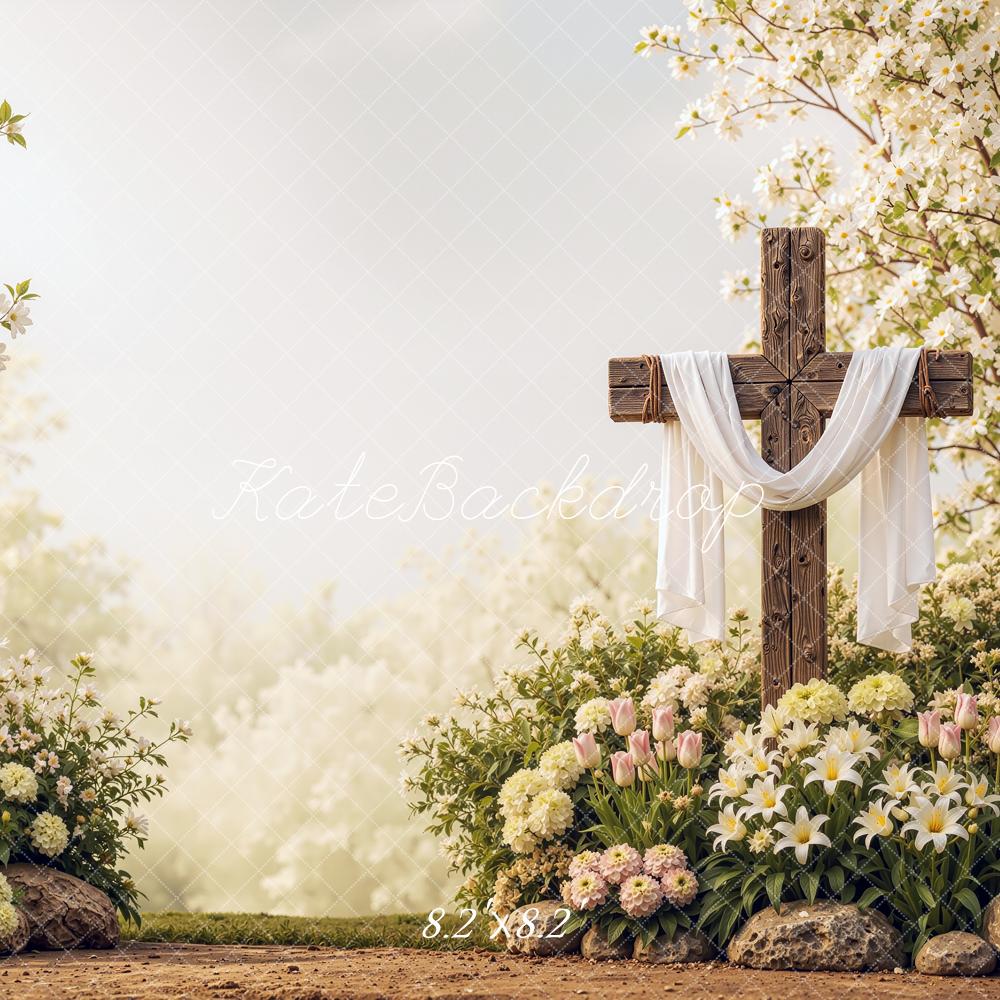 Kate Easter Cross Floral Garden Draped Fabric Printed Backdrop Designed by Shutter Swan Studios