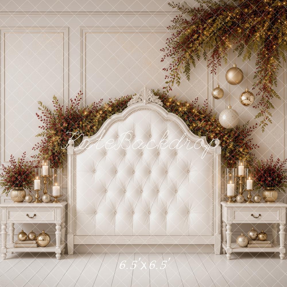 Kate Christmas White Tufted Headboard Garland Nightstands Printed Backdrop Designed by Ashley Ward