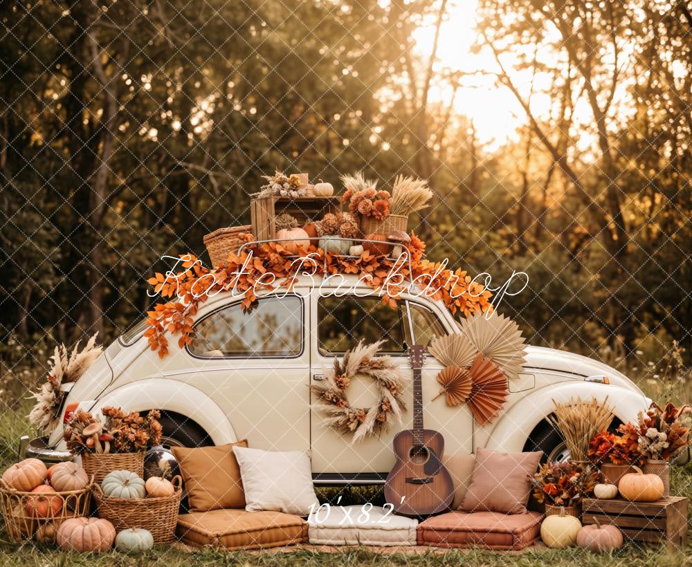 Kate Fall Woodland Vintage Car Pumpkins Guitar Maple Leaves Cozy Printed Backdrop Designed by Patty Roberts