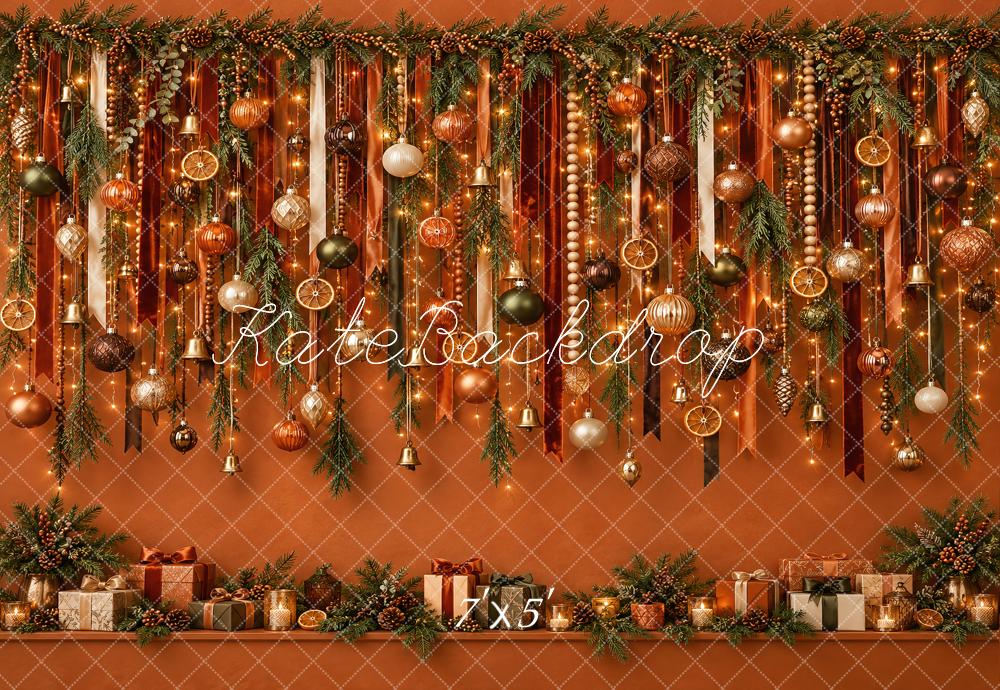 Kate Christmas Ornament Garland Orange Wall Lights Printed Backdrop Designed by Vertigo Productions