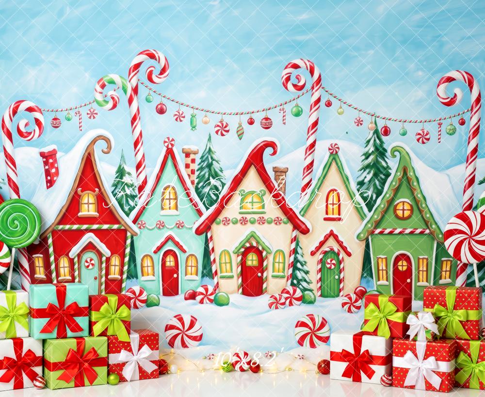 Kate Christmas Whimstical Candy Village Gingerbread Houses Presents Lollipops Printed Backdrop Designed by Patty Roberts