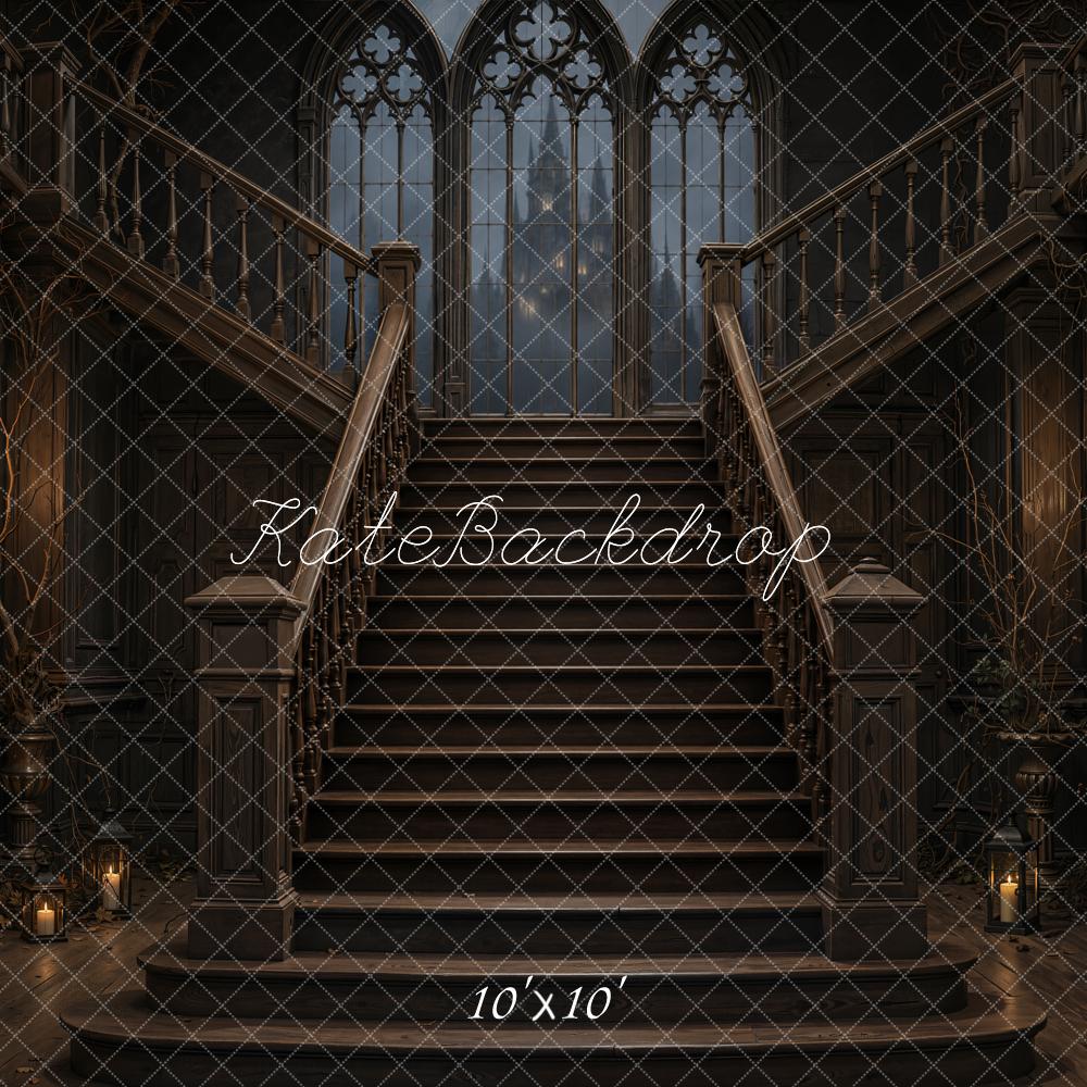Kate Halloween Cascading Stairs Gothic Windows Candlelight Printed Backdrop Designed by Emetselch