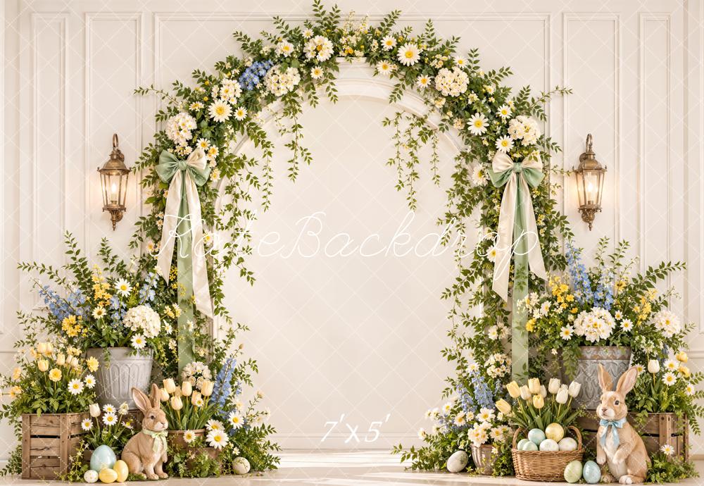 Kate Spring Easter Flower Arch Bunny Pastel Eggs White Wall Printed Backdrop Designed by Emetselch