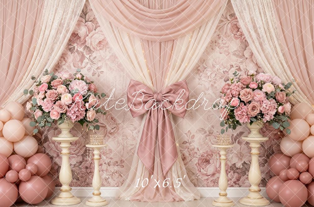 Kate Birthday Pink Floral Drapes Bow Balloons Printed Backdrop Designed by Patty Roberts
