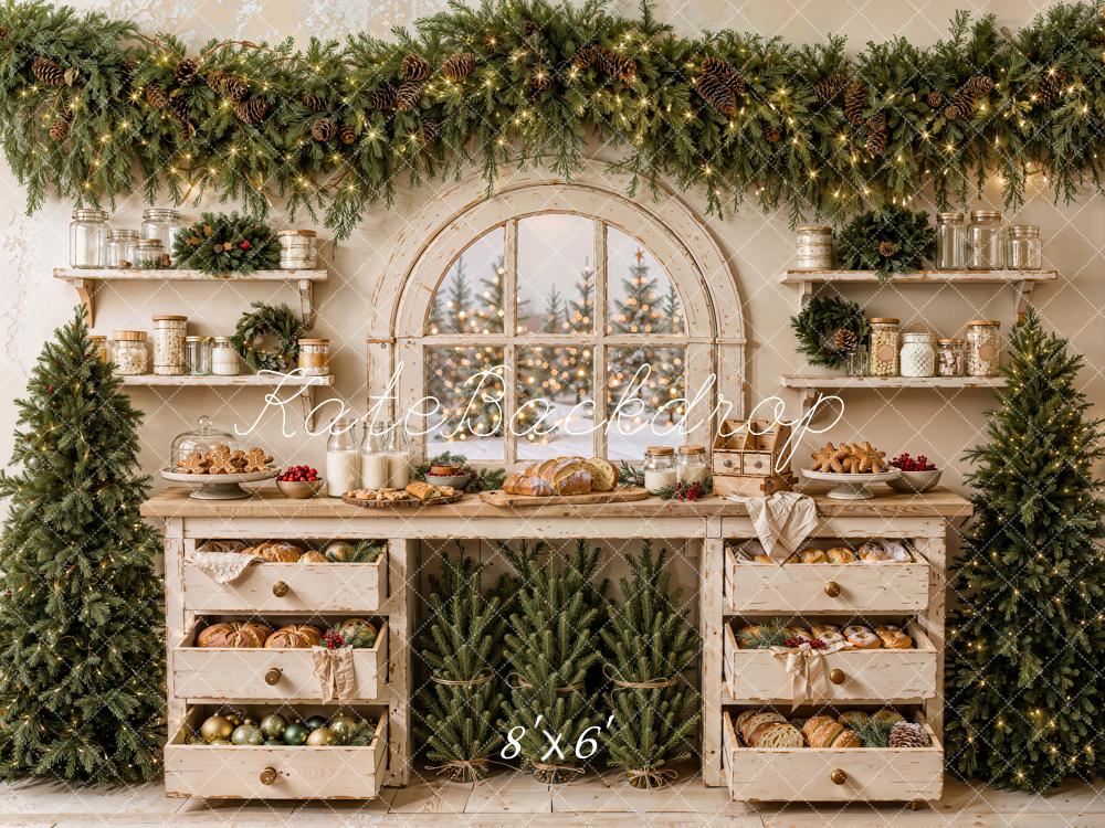 Kate Christmas Rustic Kitchen Bakery Garland Arched Window Printed Backdrop Designed by Emetselch