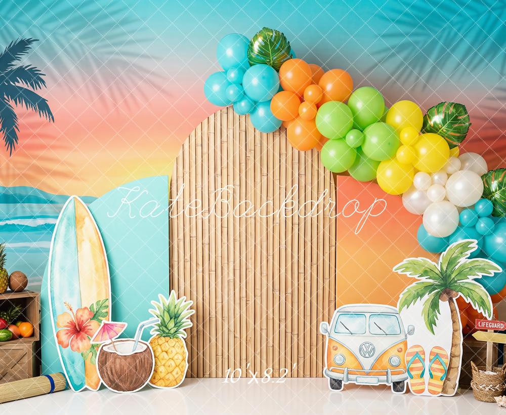 Kate Summer Beach Bamboo Arch Palm Tree Surfboard Printed Backdrop Designed by Patty Roberts