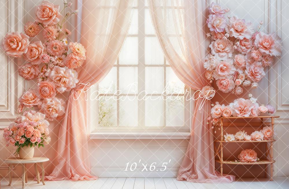Kate Spring Blush Flower Arch Window Pink Curtains Printed Backdrop Designed by Emetselch