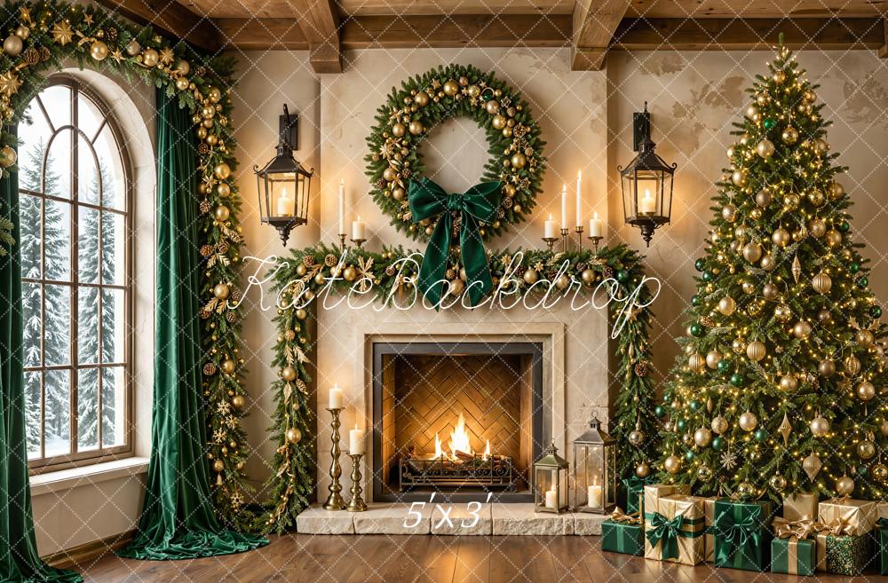 Kate Christmas Tree Fireplace Wreath Garland Gifts Green Curtains Printed Backdrop Designed by Emetselch