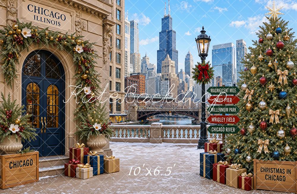 Kate Christmas Trees Chicago Cityscape Architecture Printed Backdrop Designed by Shutter Swan Studios
