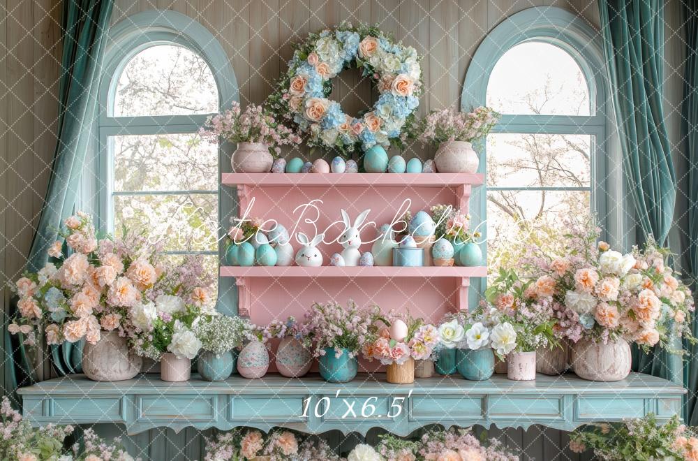 Easter Interior Bunny Floral Blue Foto Achtergrond Designed by Mini MakeBelieve