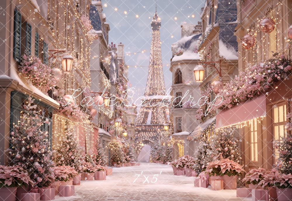 Kate Christmas Paris Eiffel Tower Pink Floral Snowy Street Backdrop Designed by Ashley Paul