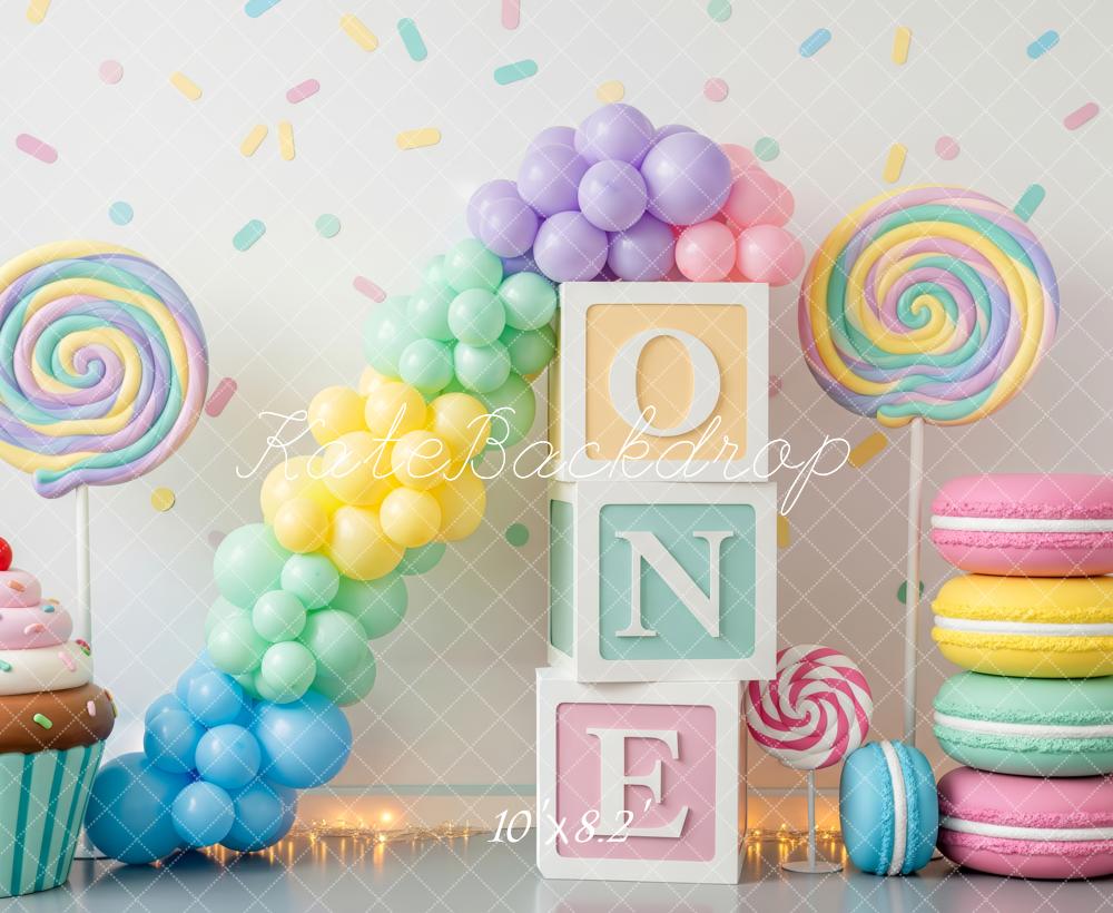 Kate Cake Smash Pastel Balloons Lollipop Macaron Cupcake One Blocks Backdrop Designed by Patty Roberts