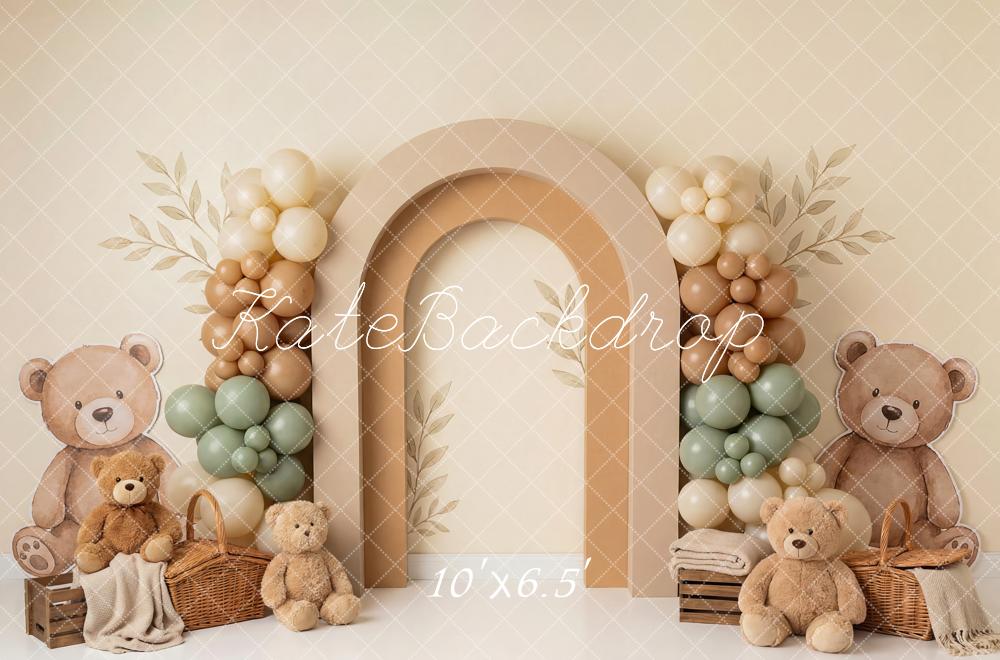 Kate Cake Smash Teddy Bear Balloon Arch Basket Beige Printed Backdrop Designed by Patty Roberts
