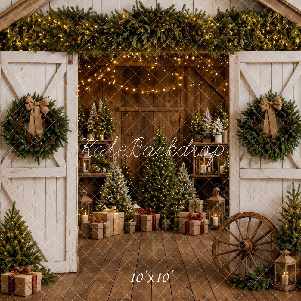 Kate Christmas White Barn Doors Wreaths Trees Rustic Lanterns Printed Backdrop Designed by Emetselch