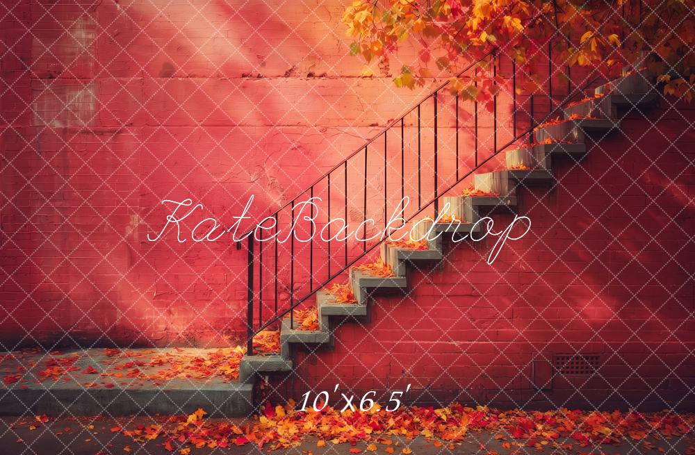 Kate Fall Cascading Stairs Red Wall Leaves Sunlight Printed Backdrop Designed by Angela Miller