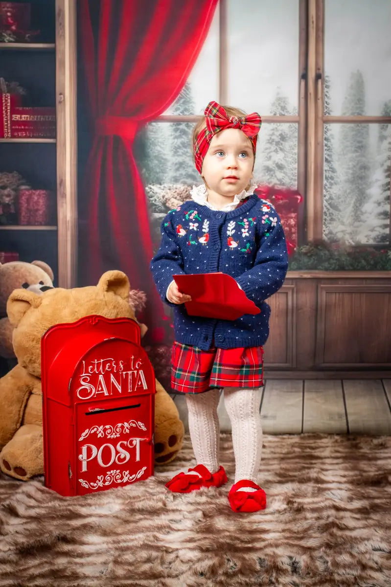 Kate Christmas Window Red Curtain Teddy Bear Backdrop Designed by Chain Photography