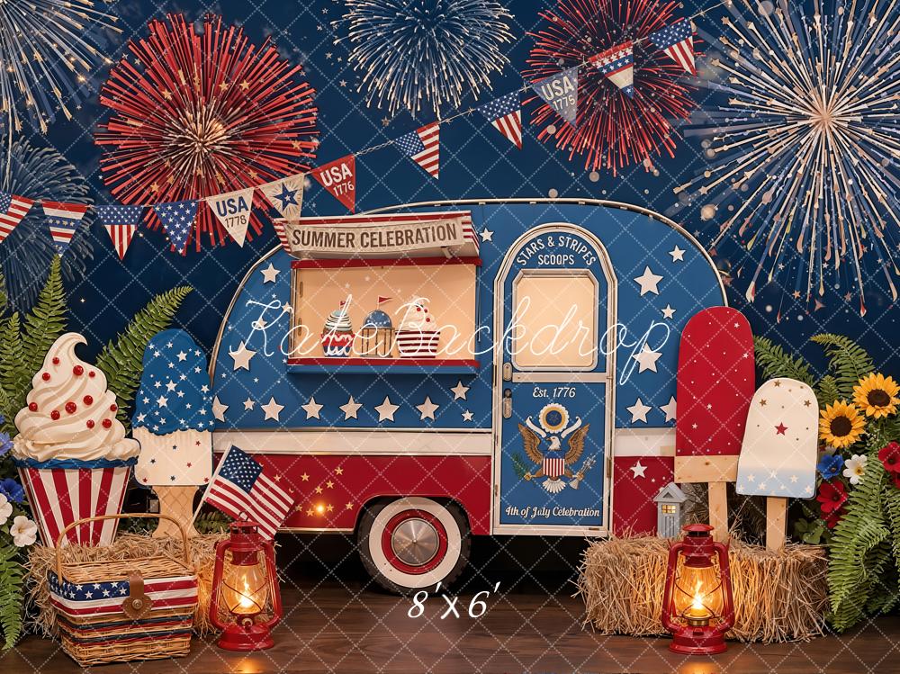 Kate 4th of July Ice Cream Truck Fireworks Patriotic Treats Printed Backdrop Designed by Emetselch