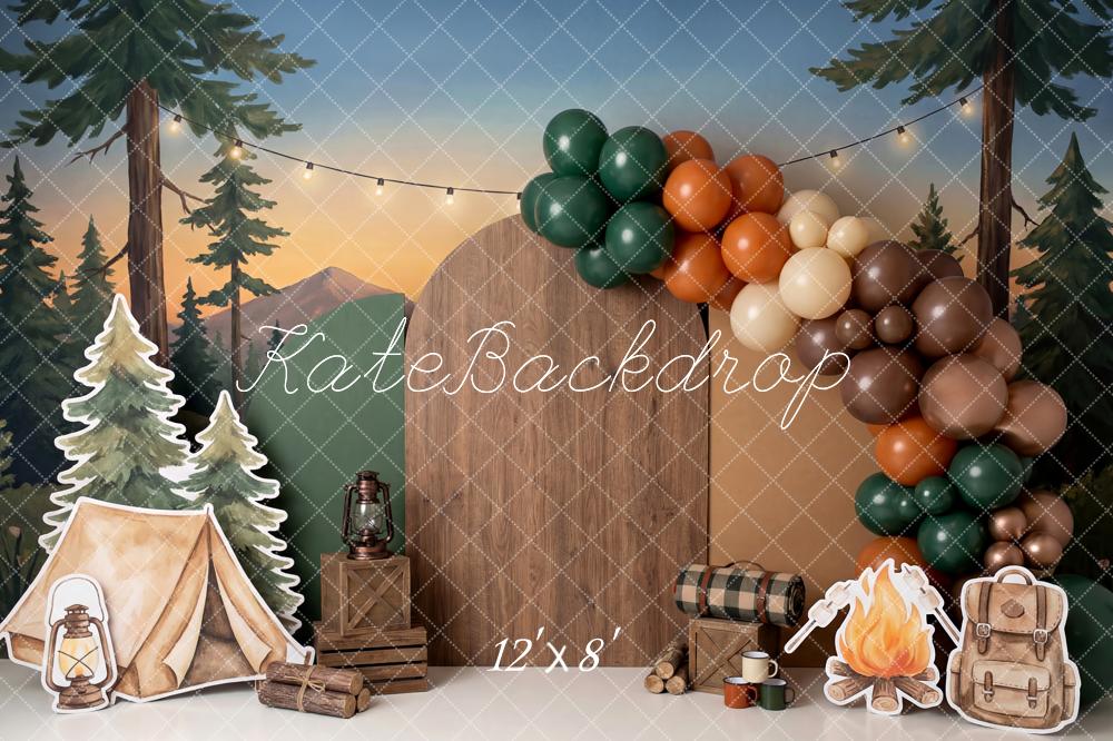 Kate Cake Smash Camping Tent Forest Campfire Balloons Printed Backdrop Designed by Patty Roberts