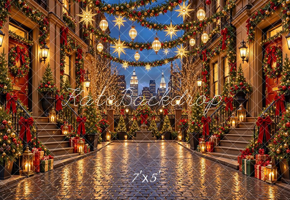 Kate Christmas Urban City Street Buildings Red Bows Garlands Lights Printed Backdrop Designed by Shutter Swan Studios